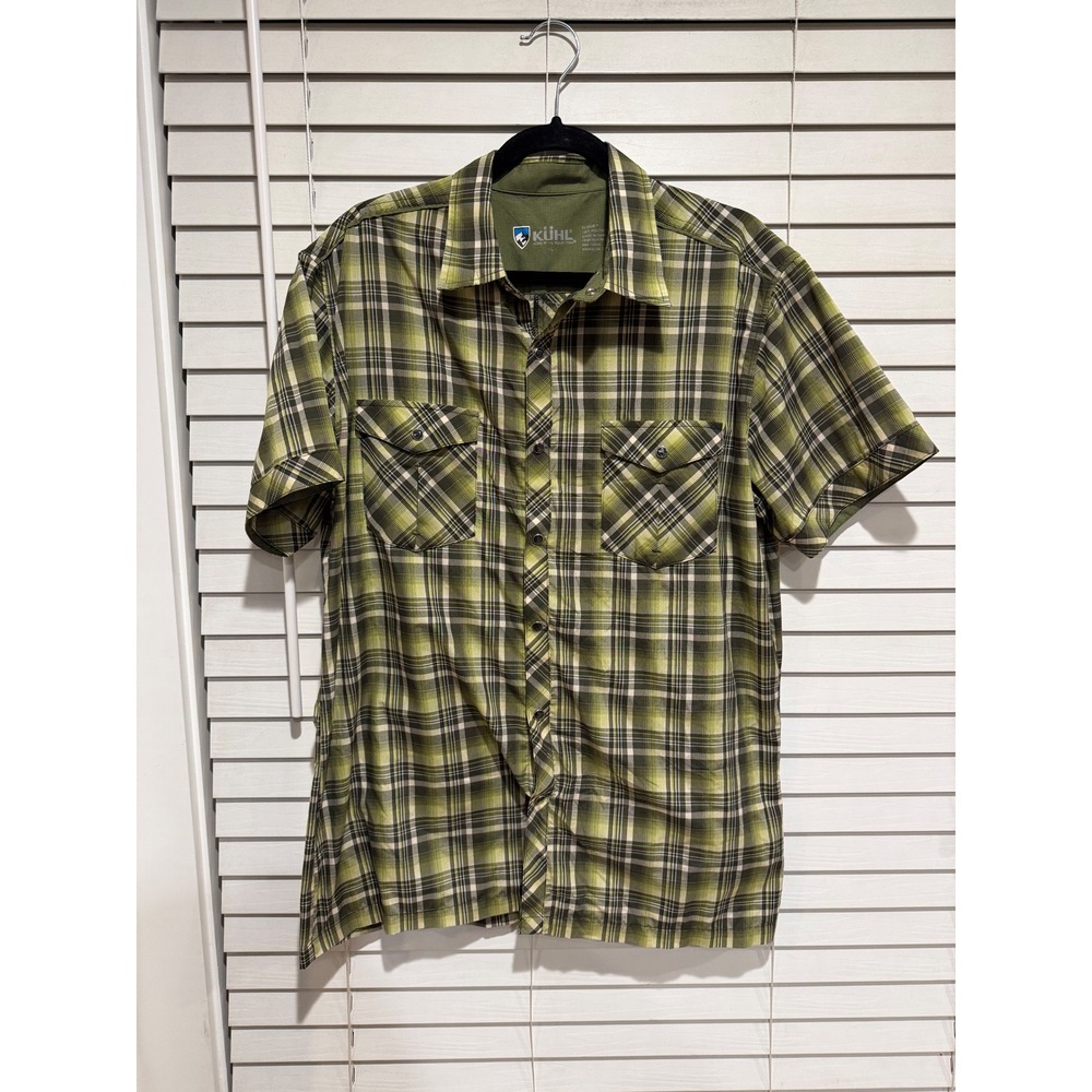 KUHL Mens Plaid Short Sleeve Button Up Shirt‎ Green Khaki Casual Outdoor Size L